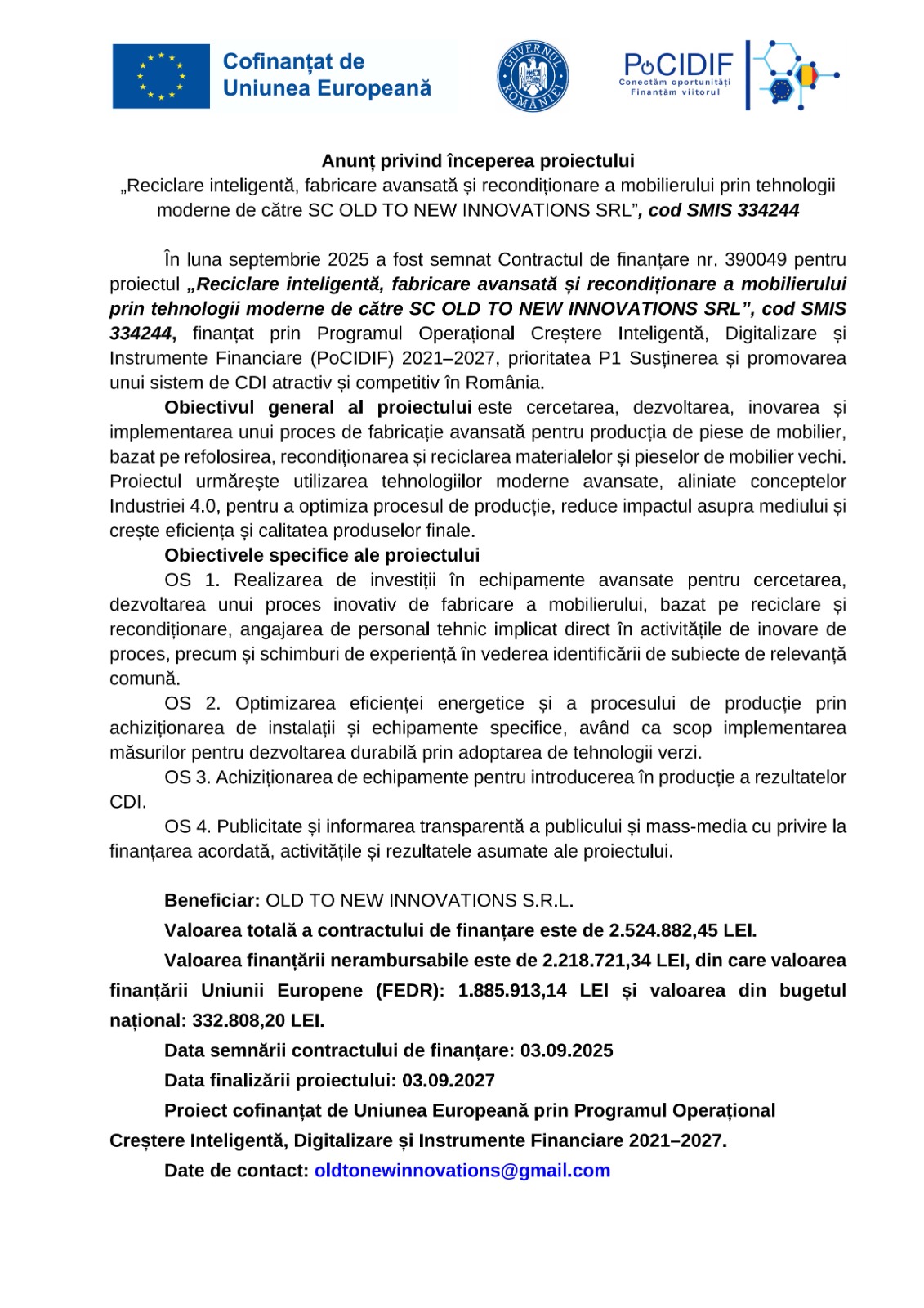 Comunicat privind începerea proiectului